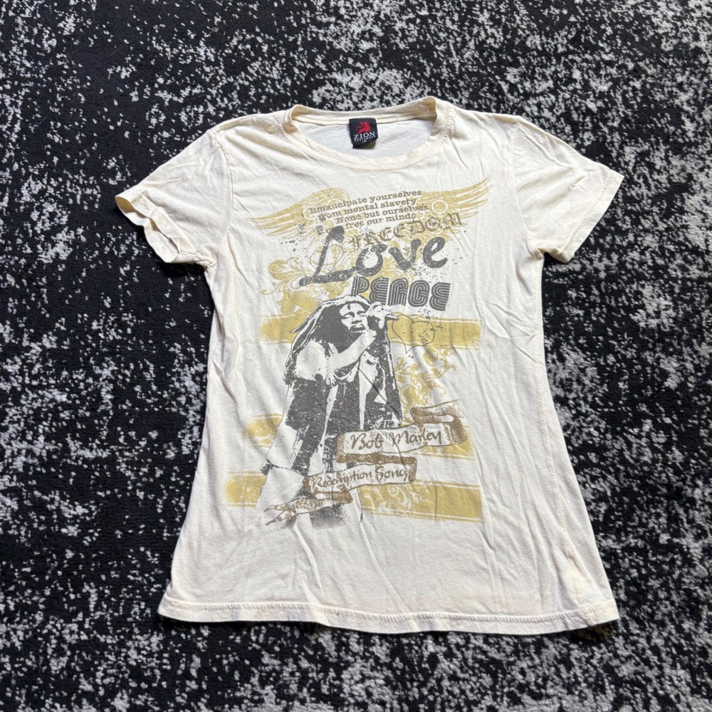Zion Rootswear Bob Marley Redemption Song Y2K Graphic T-Shirt Cream Medium